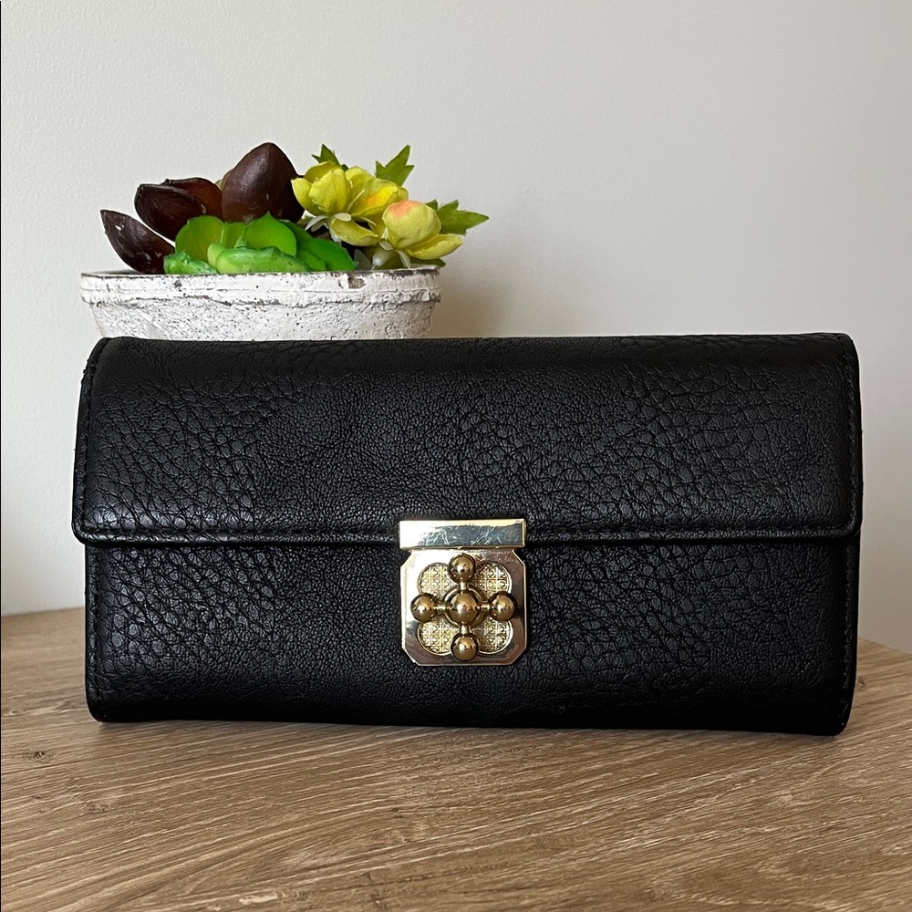Charming Charlie Black Faux Leather Turn Lock Continental Wallet Clutch - NWOT